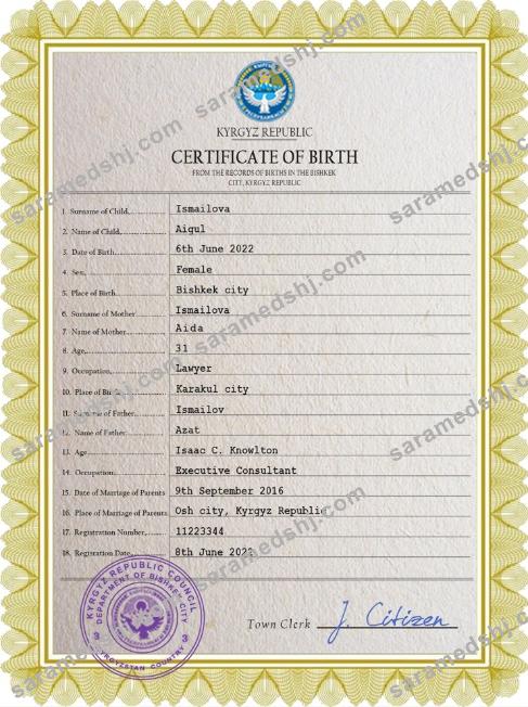 Kyrgyzstan vital record birth certificate PSD template
